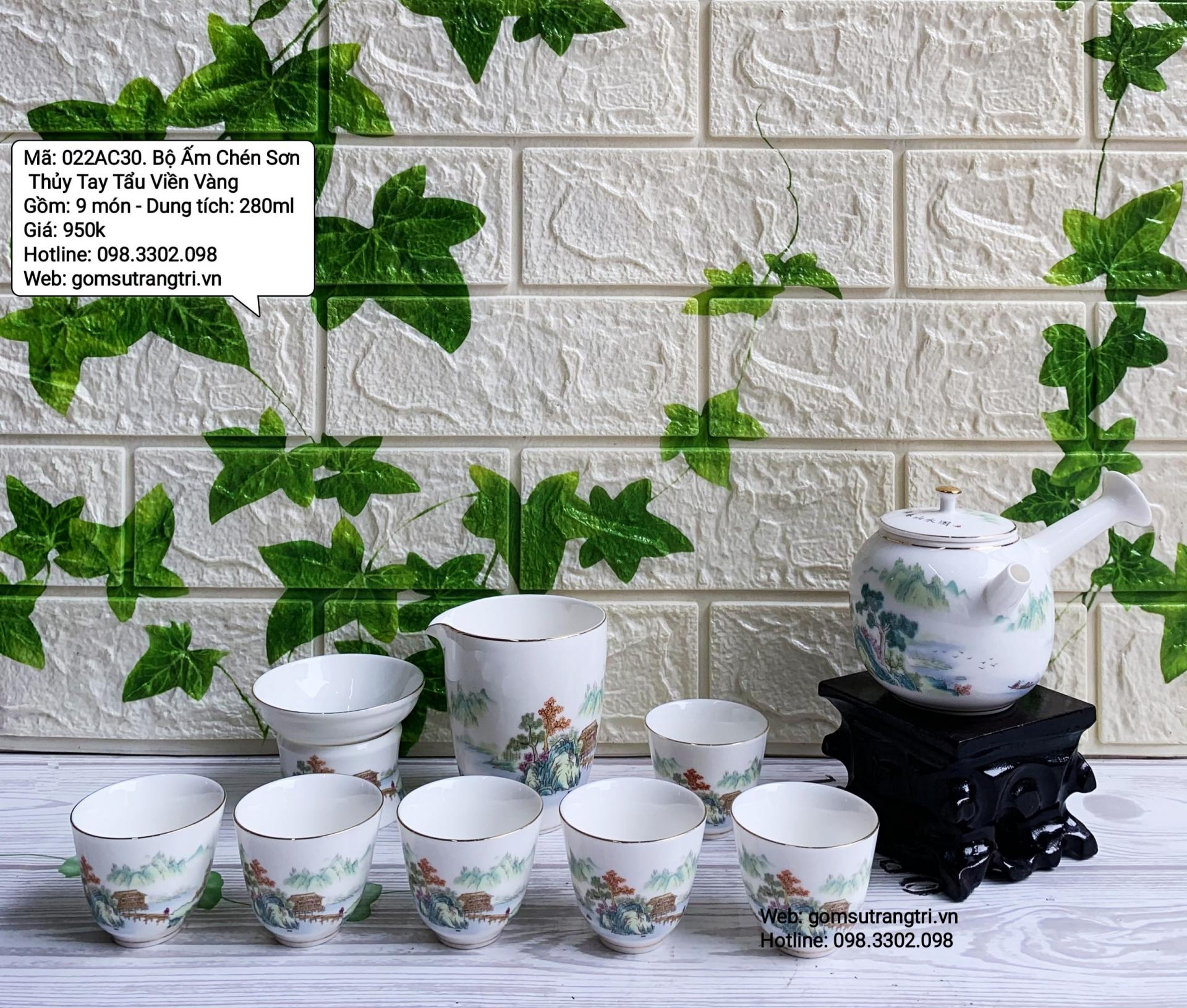 Bộ Ấm Chén Sơn Thủy Tay Tẩu Viền Vàng